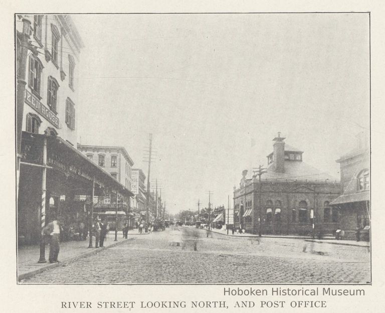 Printed B+W photograph of River Street looking North and the Post Office, Hoboken, ca. 1908. picture number 1