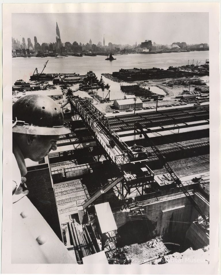 B+W photo of of excavation work in progress on Lincoln Tunnel third tube, Weehawken, Sept. 3, 1954. picture number 1