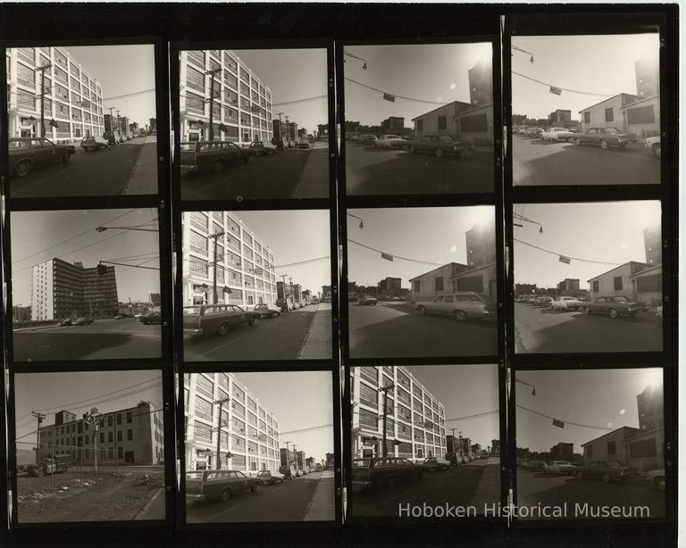 B+W negative contact sheet of images of Hoboken taken by John Conn. no date, [1976]. picture number 1