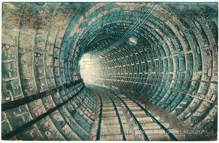 Digital image of Hudson & Manhattan R.R. postcard showing a tunnel curve. No date, ca.1908. picture number 1