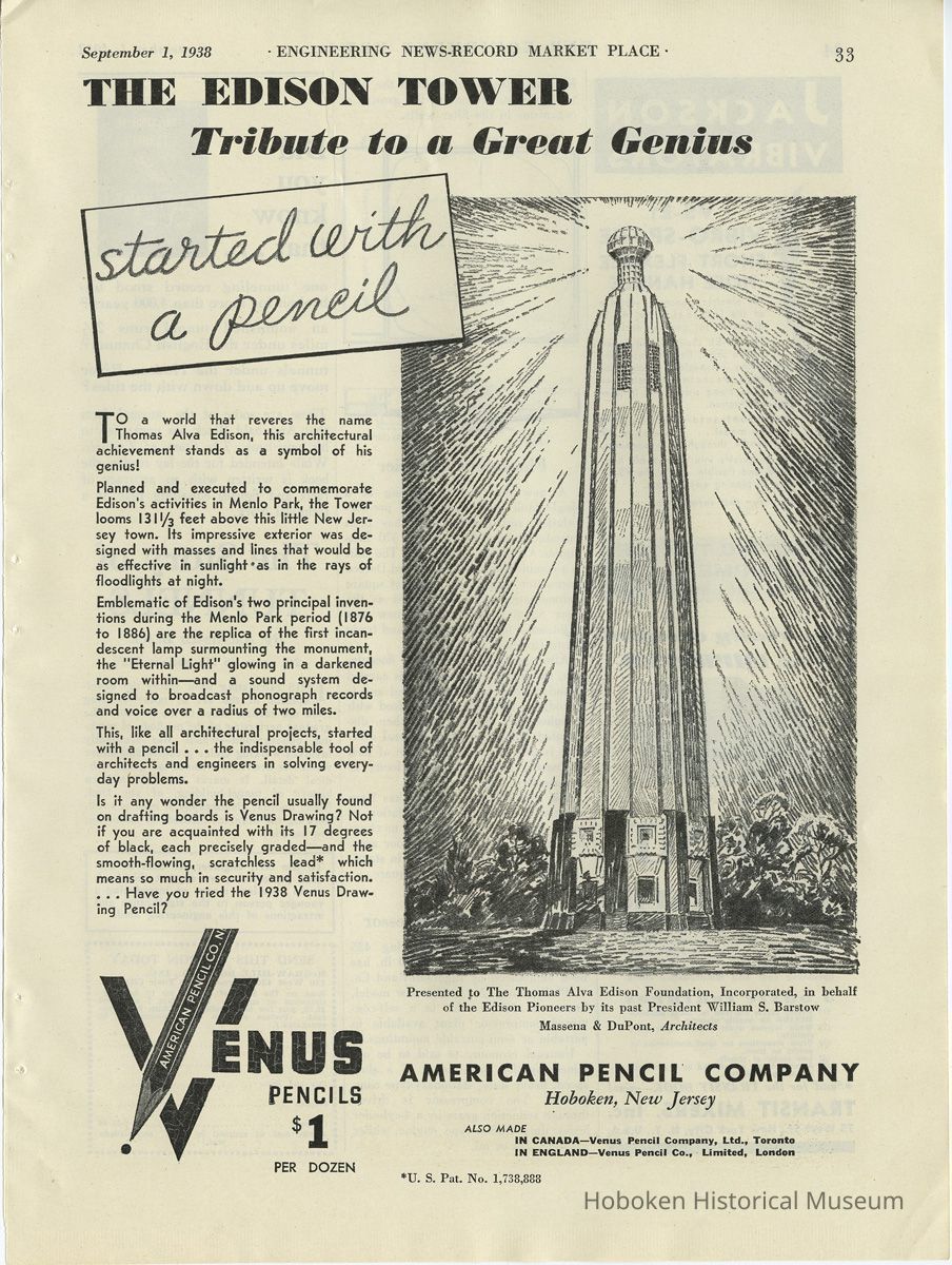 Ad: Venus Pencils, American Pencil Co., Edison Tower, Sept. 1, 1938.