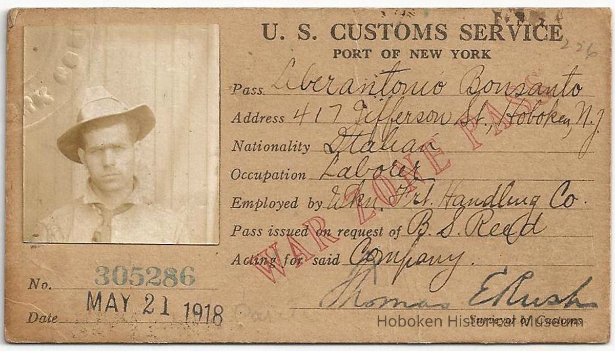 front: War Zone Pass, Hoboken, U.S. Customs Service, May 21, 1918