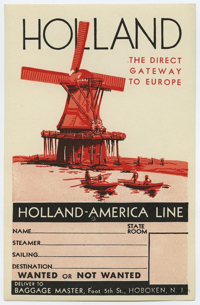 Holland-America Line baggage label; Fifth Street Pier