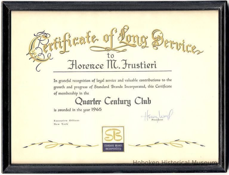 Certificate of Long Service to Florence M. Frustieri; 25 years Standard Brands, Inc., Hoboken, 1965. picture number 1