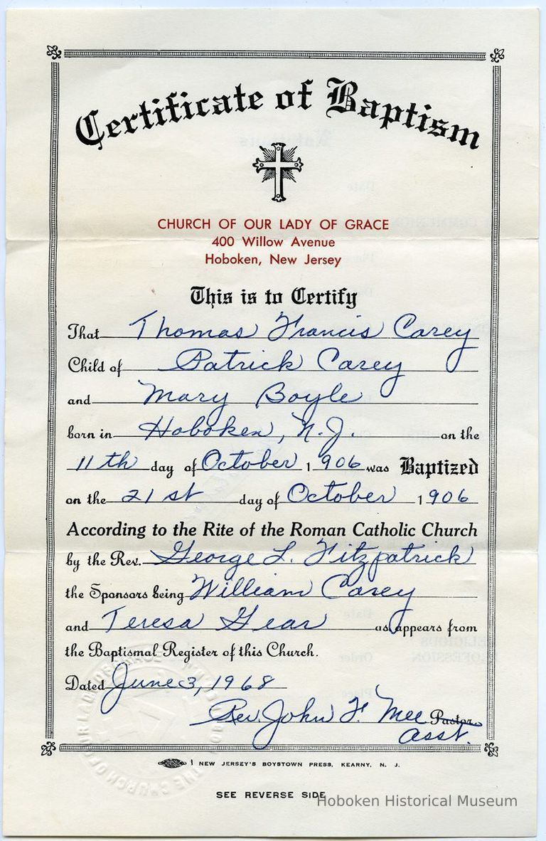 Certificate of Baptism, front