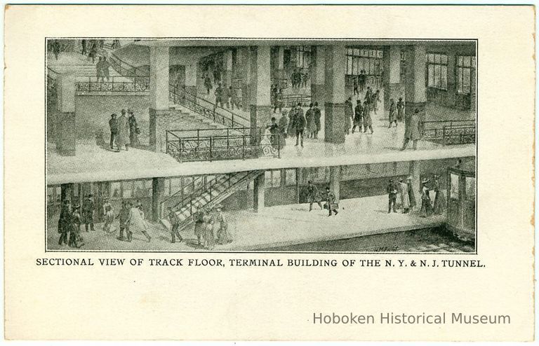 Digital image of Hudson & Manhattan R.R. postcard titled: Sectional view of track floor, Terminal Building of the N.J. & N.J. Tunnel. n.d., ca. 1910. picture number 1