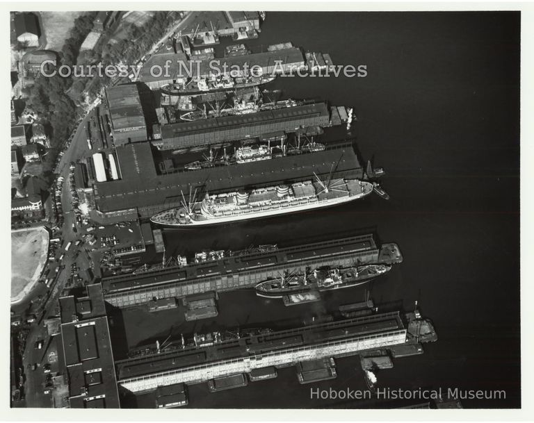 image aerial Holland America Lines piers, Oct. 14, 1948; Copyright: NJ State Archives