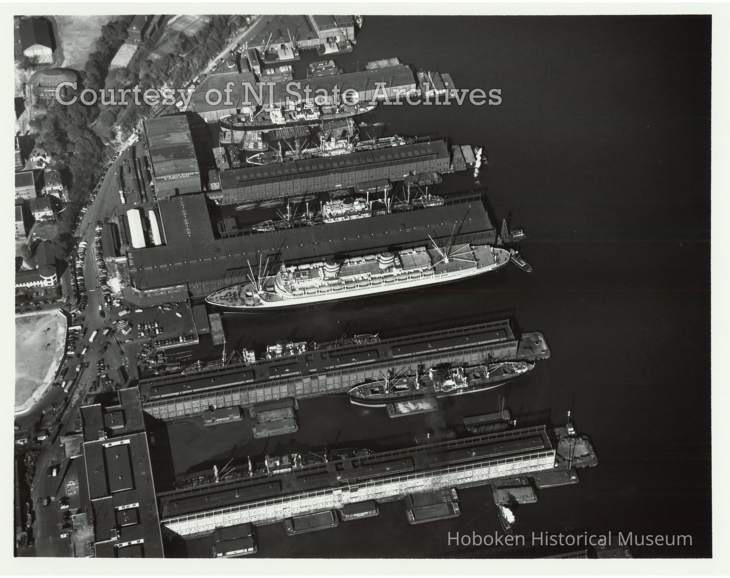 image aerial Holland America Lines piers, Oct. 14, 1948; Copyright: NJ State Archives