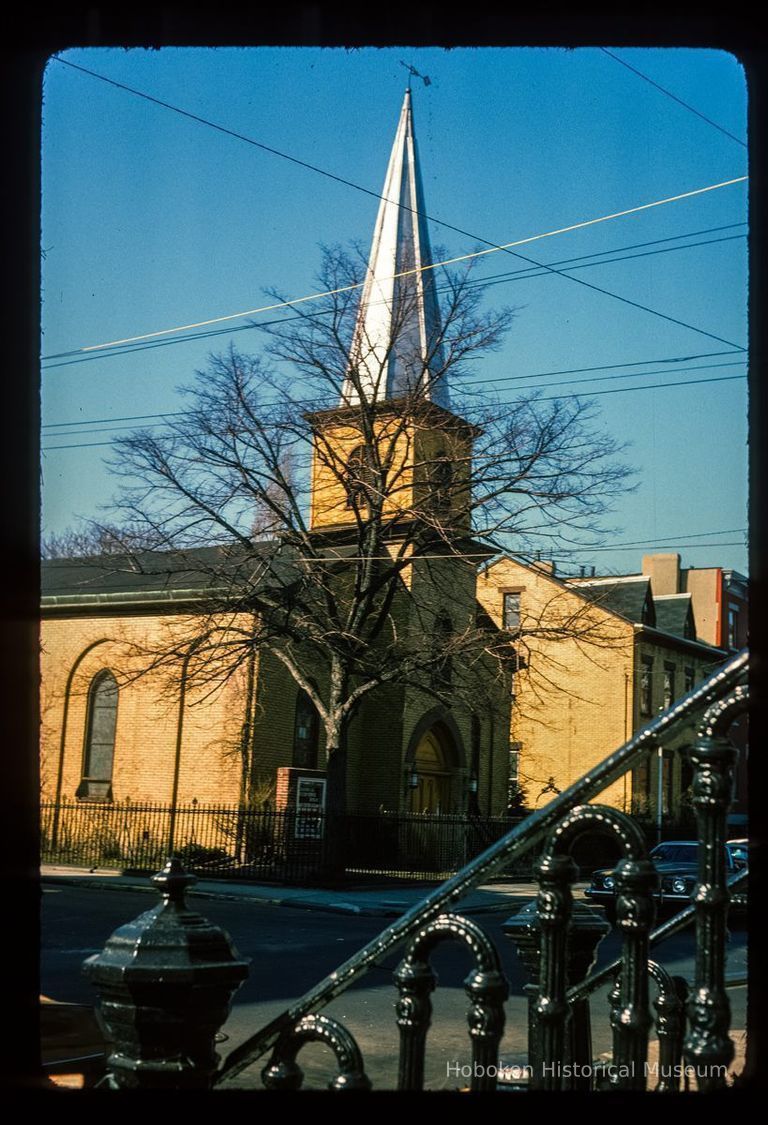 Color slide of eye-level view of Community Church of Hoboken façade and steeple at 600 Garden on the corner of Garden and 6th picture number 1