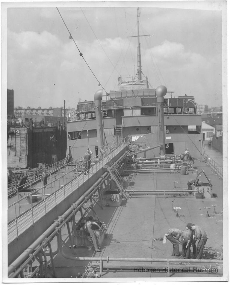 B+W photo of men working on the main deck of an unknown tanker ship, Hoboken, no date, ca. 1940. picture number 1