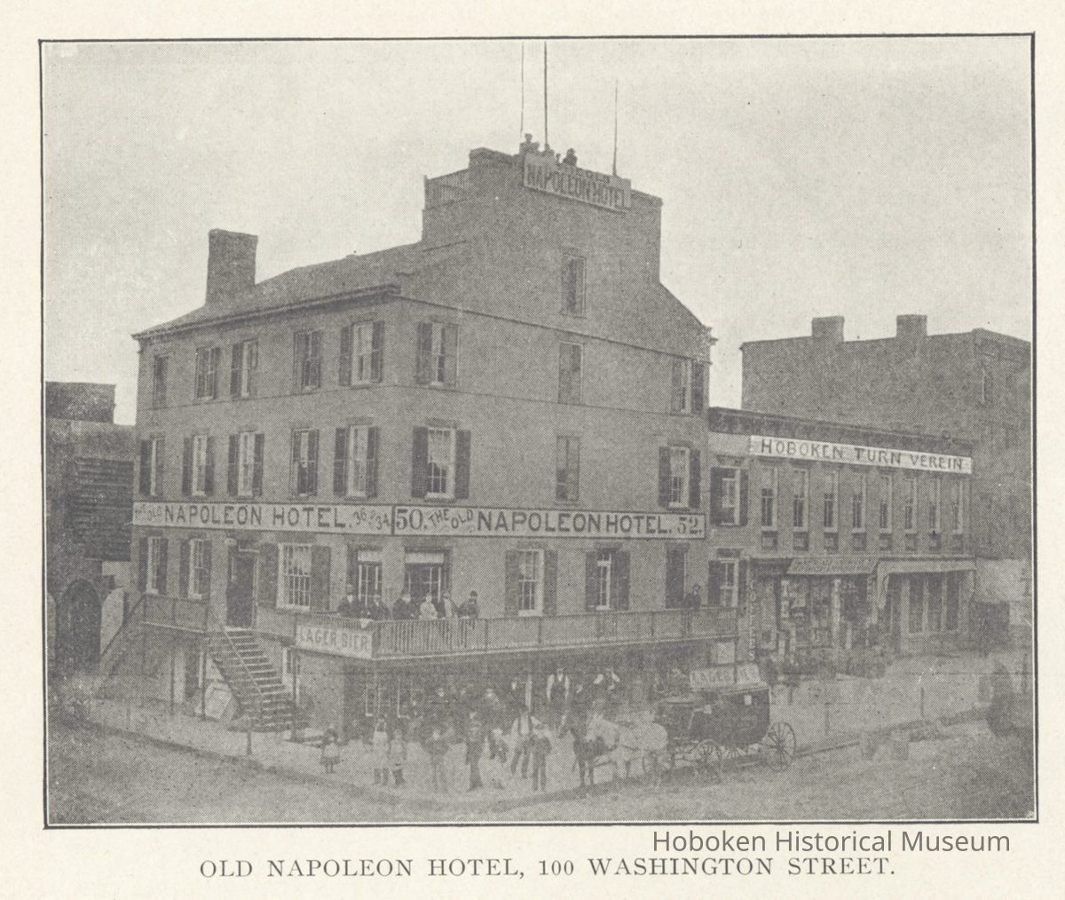 Printed B+W photograph of Old Napoleon Hotel, 100 Washington St., Hoboken, no date, ca. 1870's. picture number 1