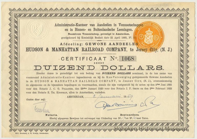 Stock certificate: Hudson & Manhattan Railroad Co., Jersey, City, N.J. Issued Amsterdam 1959 for 1 share common stock. picture number 1