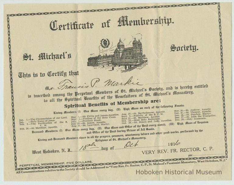 Certificate of Membership in the St. Michaels Society, West Hoboken, N.J., for Francis P. Markie, Oct. 10, 1916. picture number 1