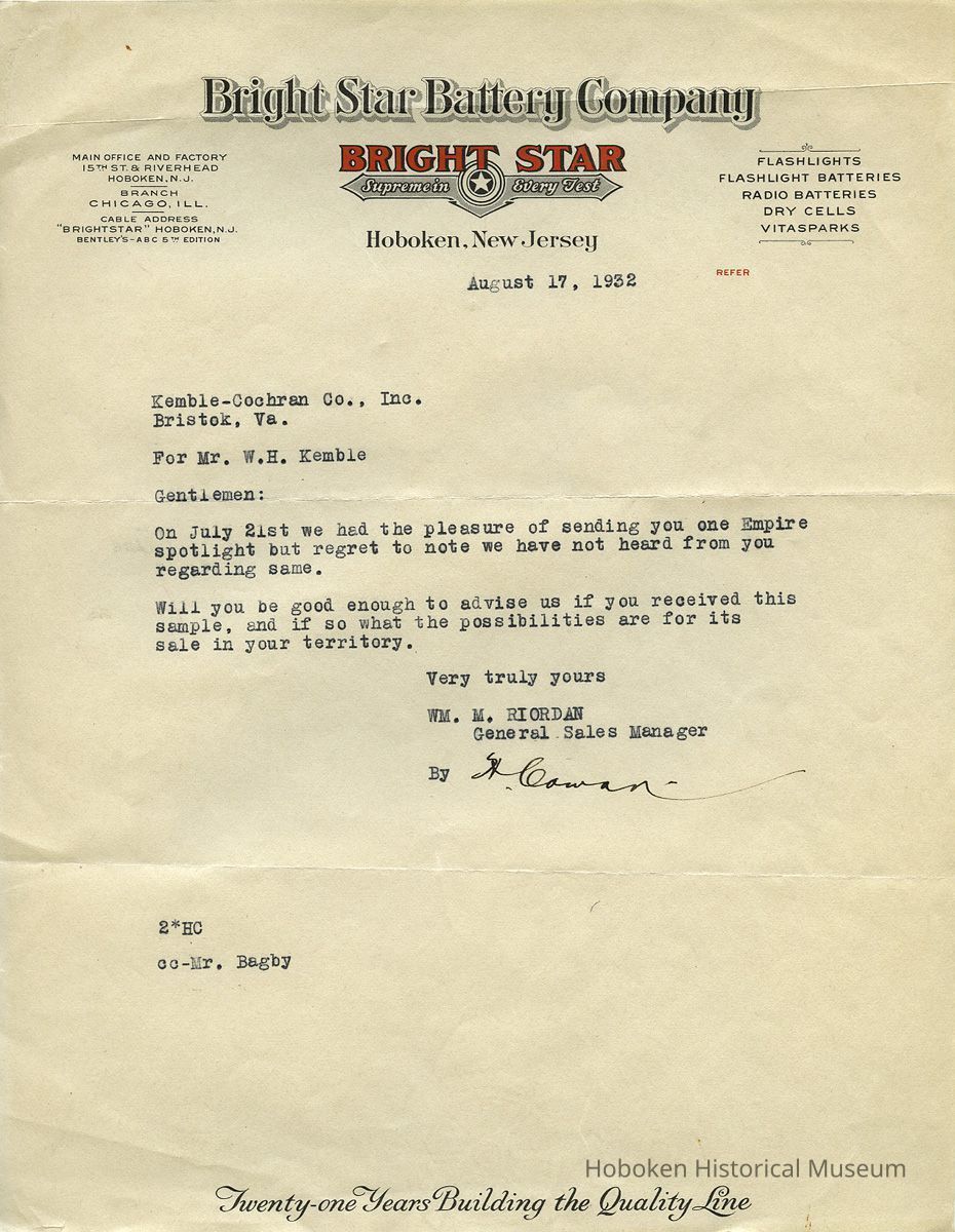 Bright Star Battery Company letterhead
