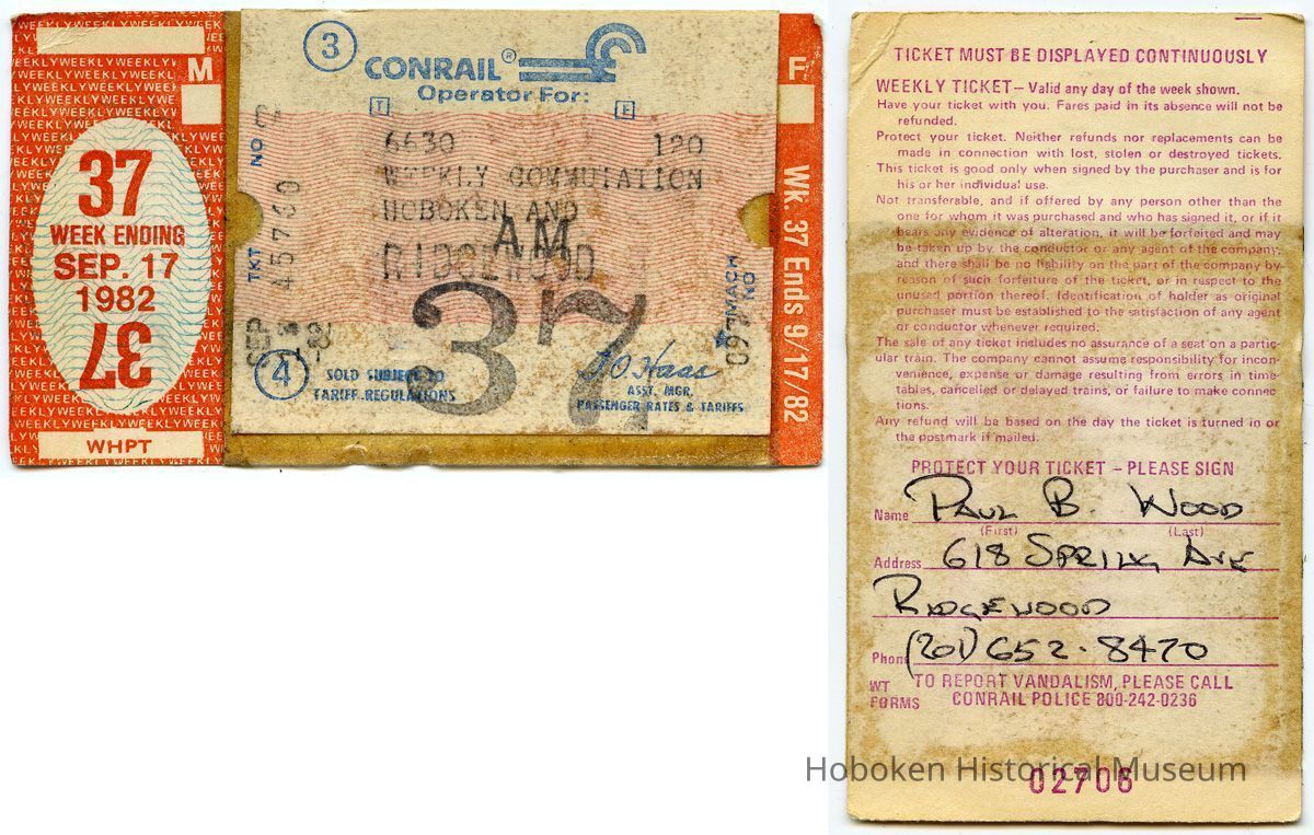 front and back; weekly commutation ticket, week 37, Sept. 1982