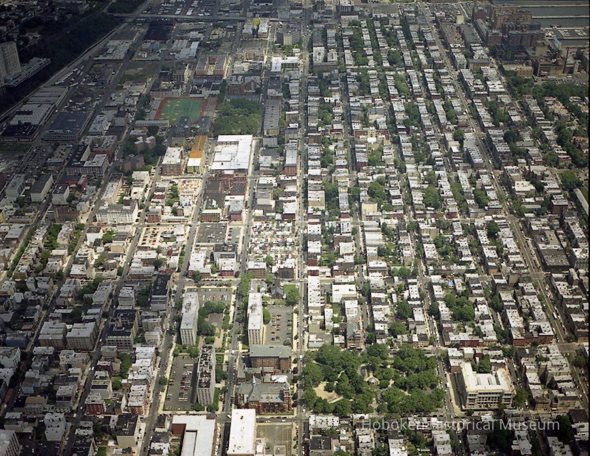 Digital reference image of color aerial view of Hoboken, June 6, 2003. Image number 8582. Photographer, Lee Ross, 