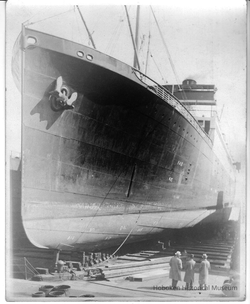 B+W photo of an unidentified cargo vessel in dry dock, Hoboken, no date, ca. 1940. picture number 1