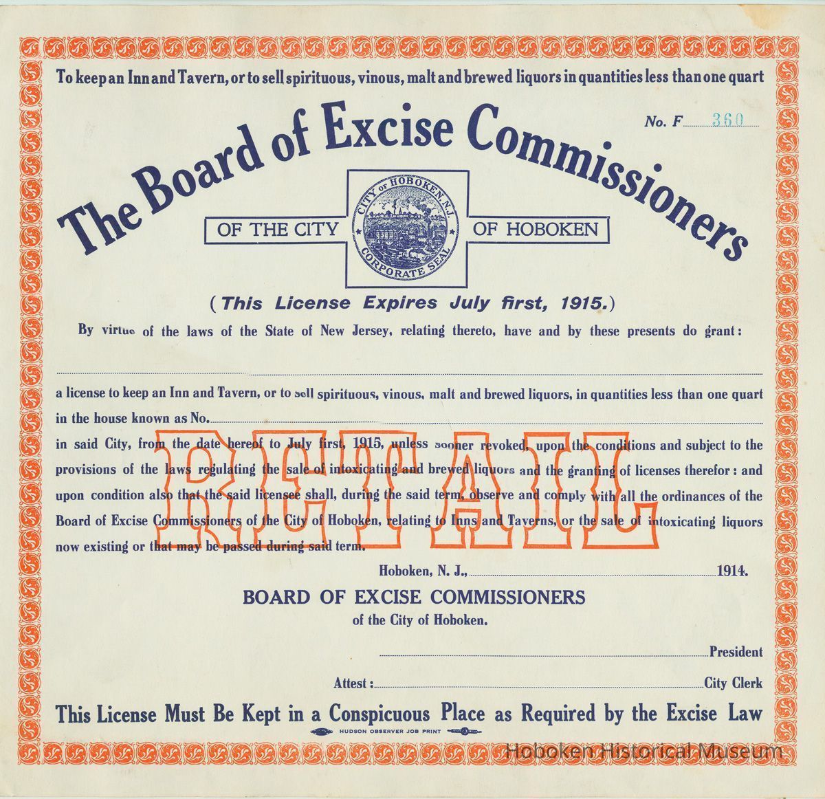 Unissued City of Hoboken Retail Liquor License expiring July 1st, 1915, Hoboken, 1914. picture number 1