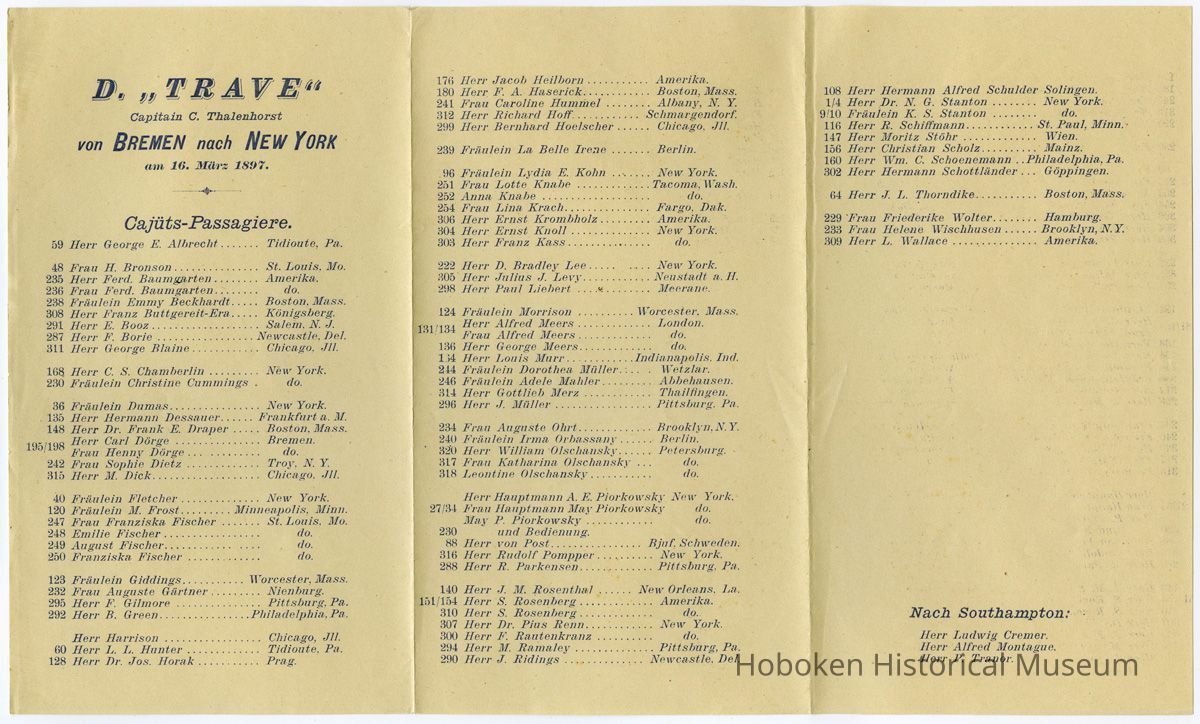 Passenger list, S.S. Trave, North German Lloyd, March 16, 1897