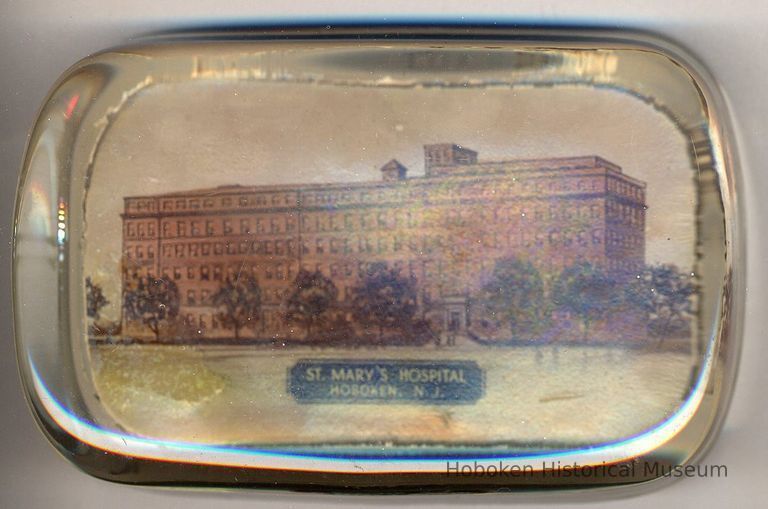 Clear glass paperweight with decal painted view of St. Mary's Hospital, Hoboken, N.J. picture number 1