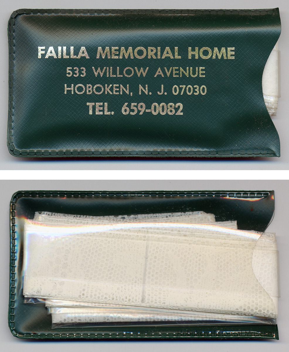 green vinyl: front; clear back showing folded hat in sleeve