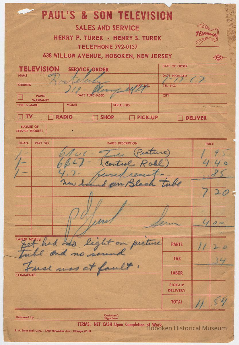 Receipt for Kostelecky, 218 Bloomfield St. (Hoboken) from Paul's & Son Television, 638 Willow Ave., Hoboken, Jan. 17, 1967. picture number 1