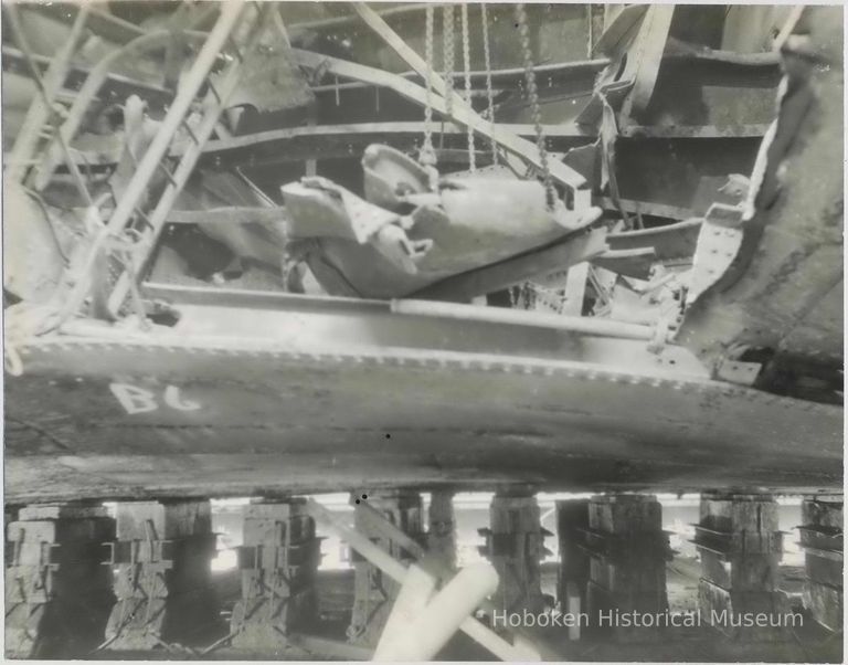 B+W photo of exterior view of hull plate and structural repairs underway on unidentified vessel at the Bethlehem Steel Shipyard, Hoboken Division, no picture number 1