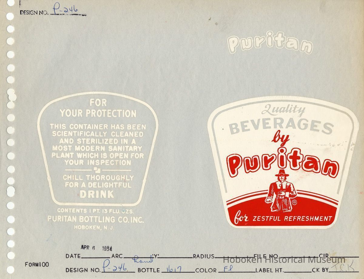 File proof of decal bottle labels for Puritan Beverages, Hoboken, N.J., April 6, 1954. picture number 1