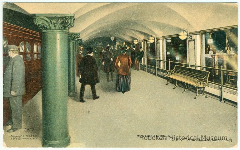 Digital image of Hudson & Manhattan R.R. postcard titled: Hudson Tunnels,14th St. & 6th Ave. Station, Uptown Side. 1908. picture number 1