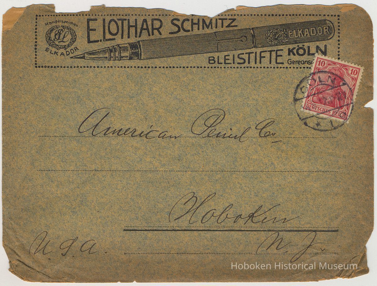 Envelope addressed to American Pencil Co., Hoboken, N.J., U.S.A. from Koln, Germany, no date, ca. 1900-1916. picture number 1