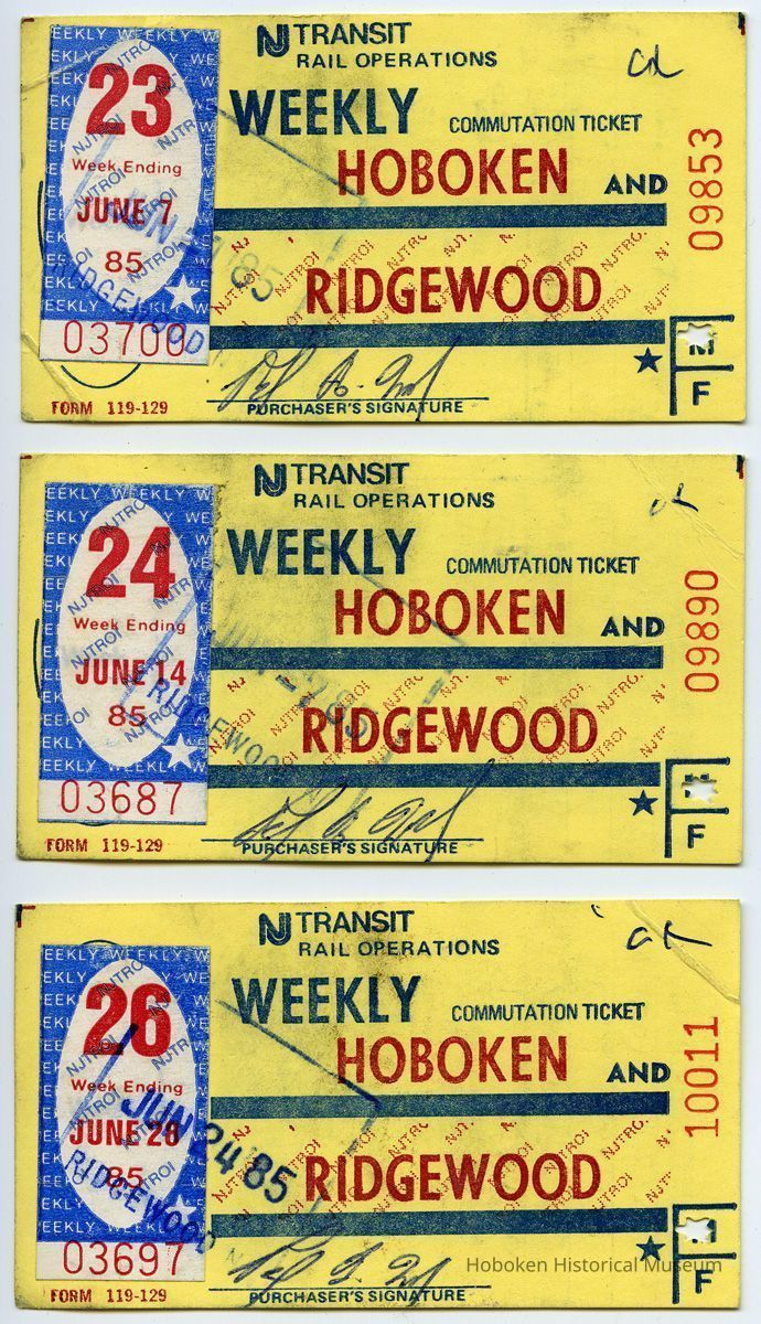 1985 three NJ Transit weekly commutation tickets