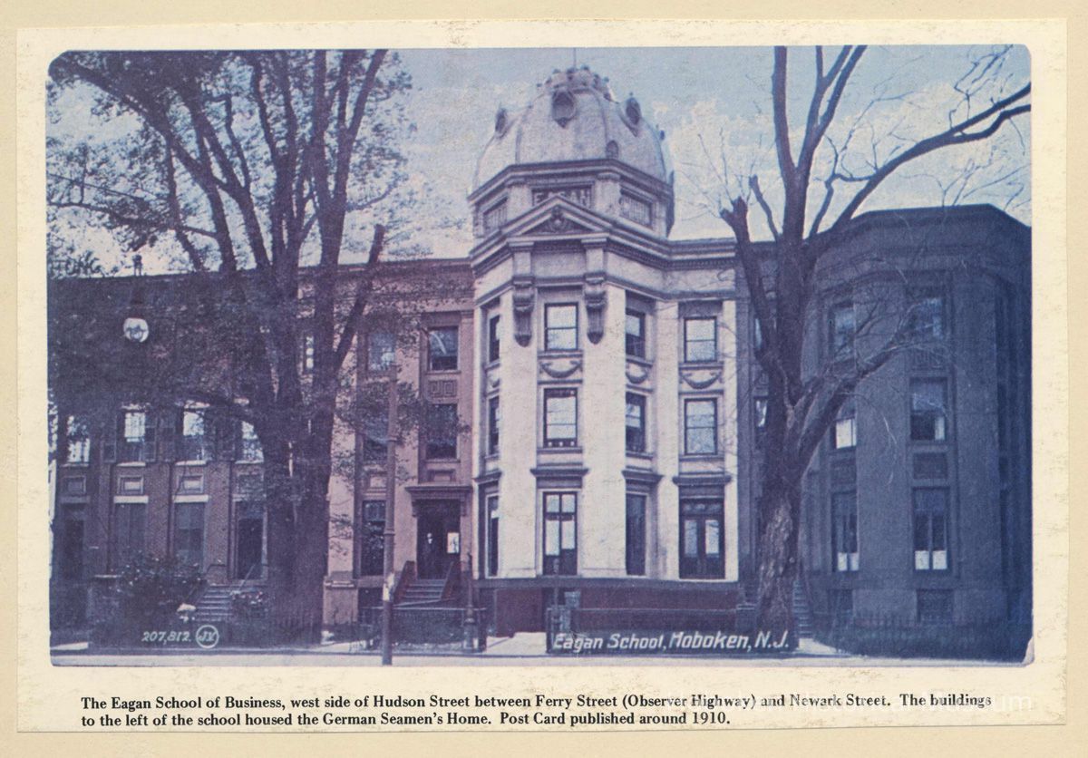 Printed view of a color postcard of the Eagan School of Business, west side of Hudson St., Hoboken, ca. 1910. picture number 1