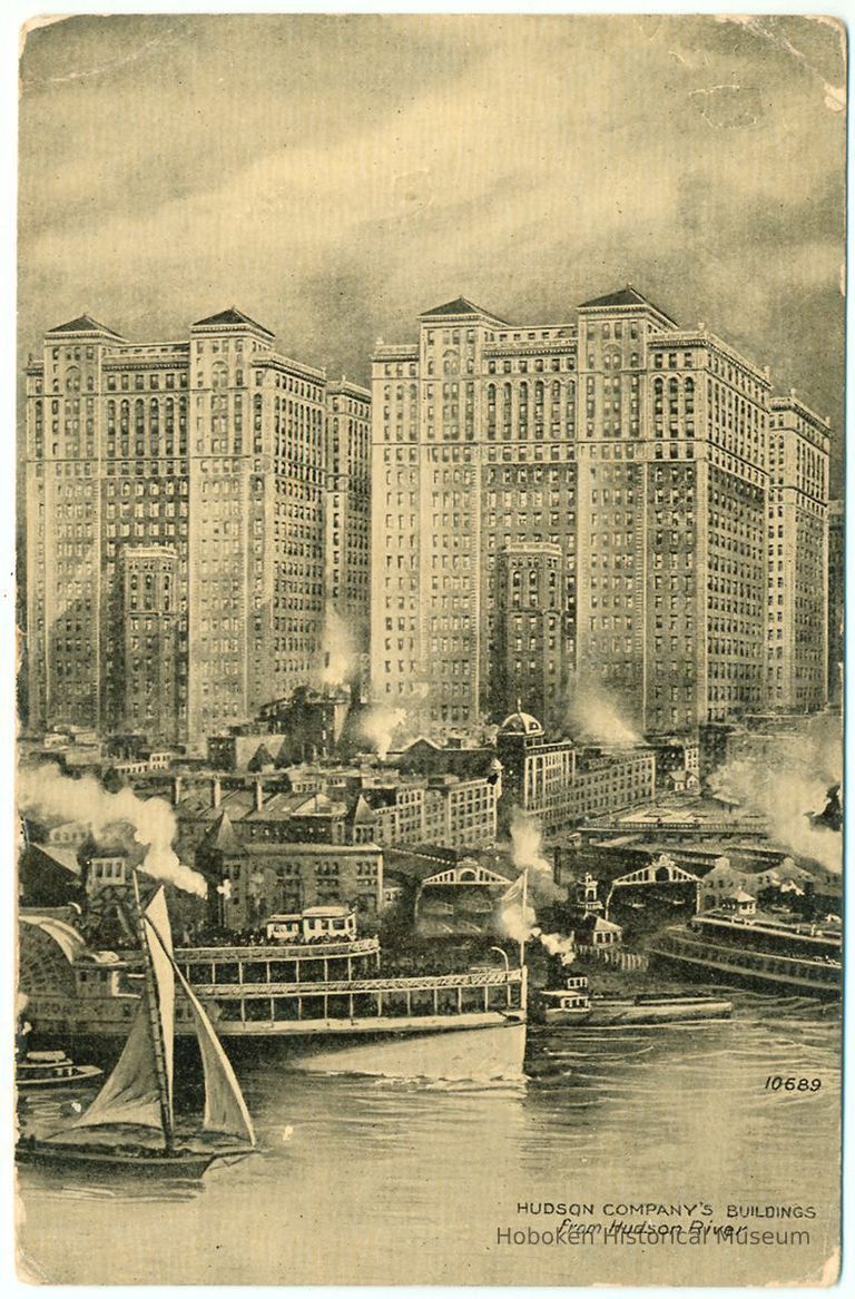 Digital image of Hudson & Manhattan R.R. postcard titled: Hudson Company's Building from Hudson River. No date, ca. 1908. picture number 1