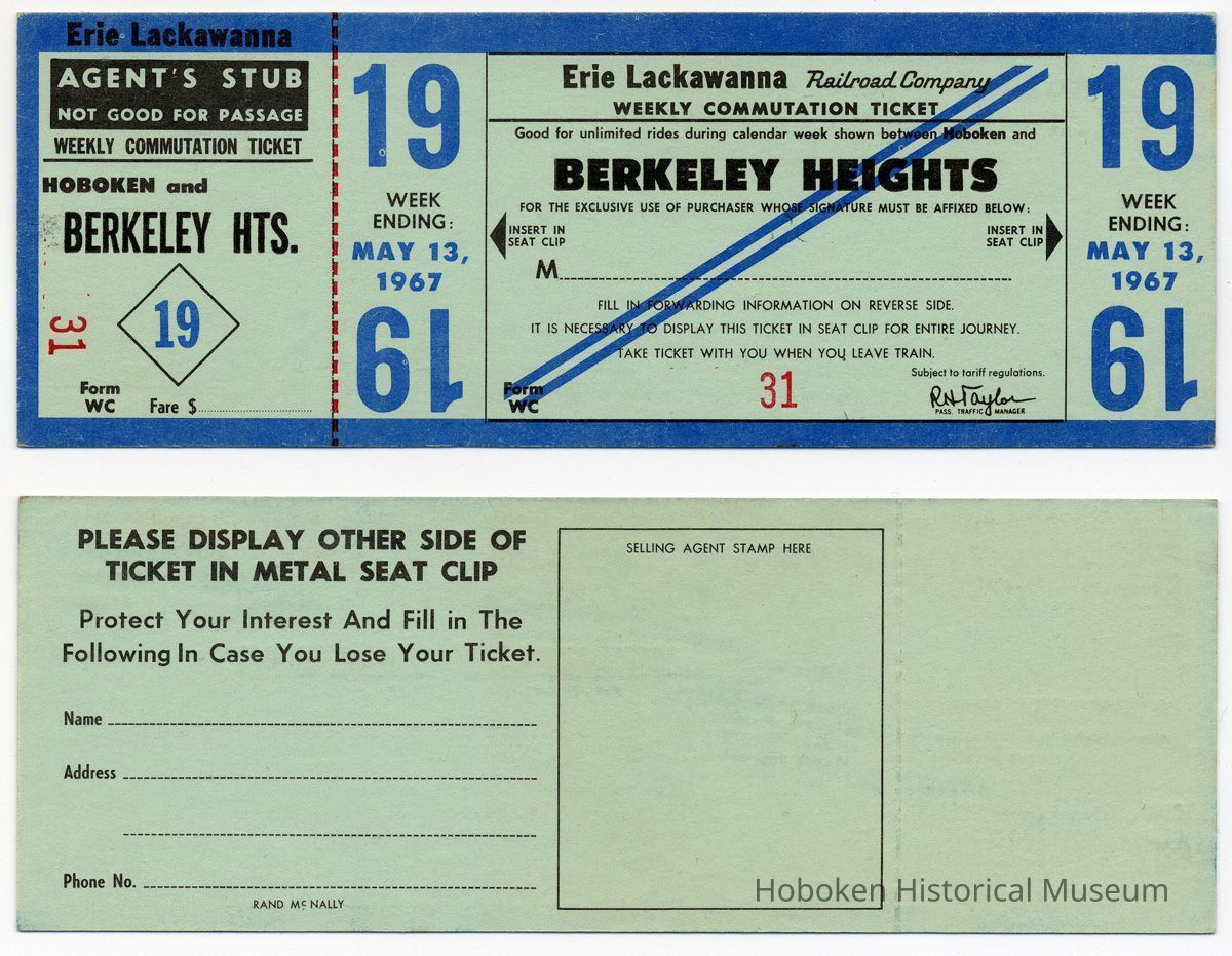 front and back of a typical weekly ticket