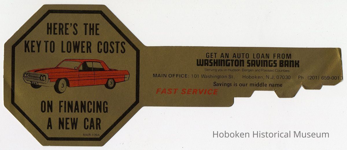 Advertising insert: Here's the Key to Lower Costs on Financing a New Car. Get an Auto Loan From Washington Savings Bank, Hoboken. N.d., ca. 1965-1975. picture number 1