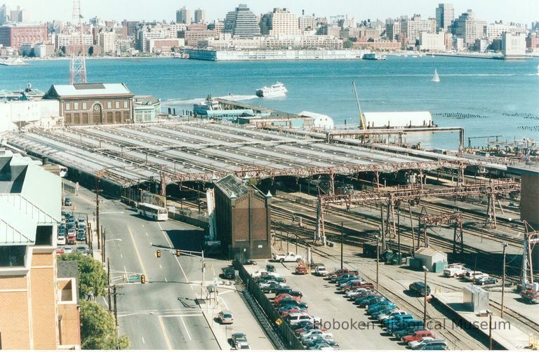 Digital image of color photo of an aerial view of the passenger train shed at the Hoboken Terminal, Hoboken, Sept., 2002. picture number 1