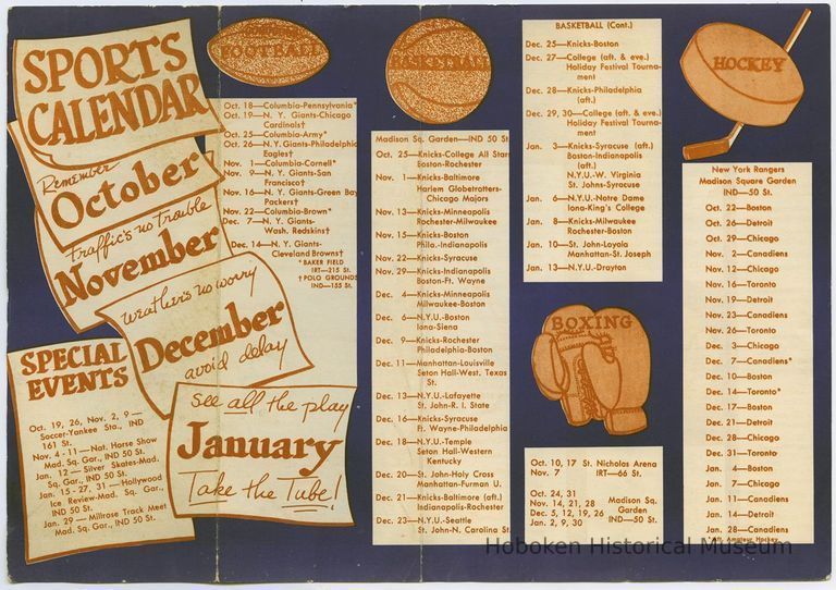 side 1: Sports Calender (schedules); outside as folded