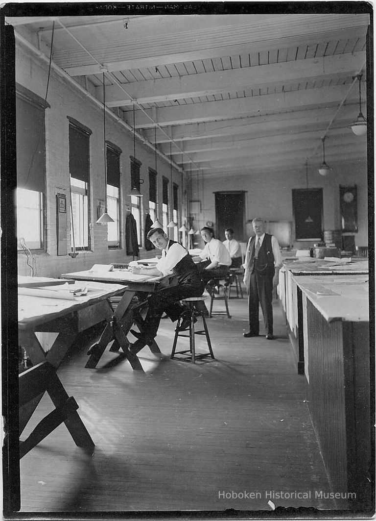 B+W photo of 3 draftsmen at boards plus supervisor, United Dry Dock Company, Hoboken, 1931 picture number 1