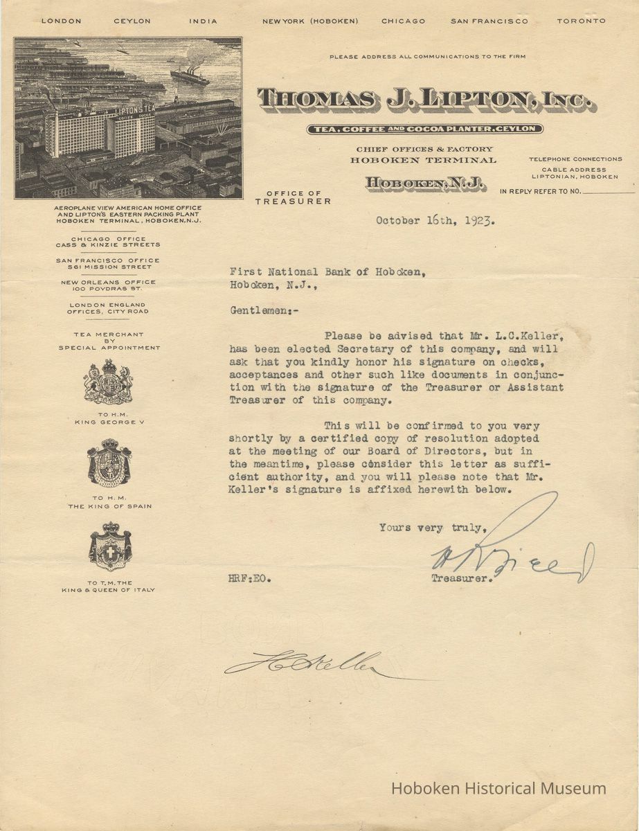 Thomas J. Lipton, Inc. Hoboken letterhead 1923