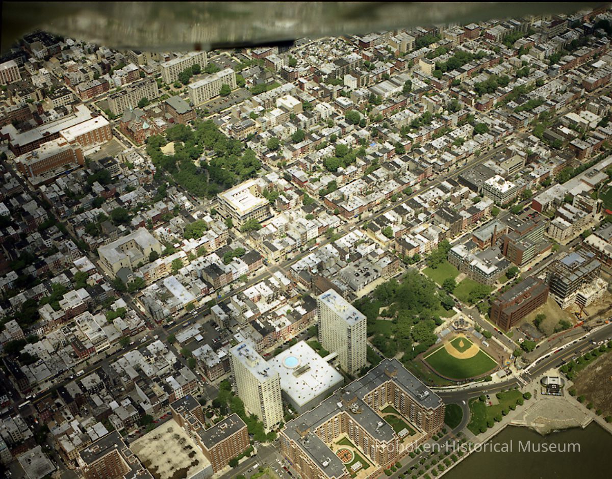 Digital reference image of color aerial view of Hoboken, June 6, 2003. Image number 8584. Photographer, Lee Ross, 