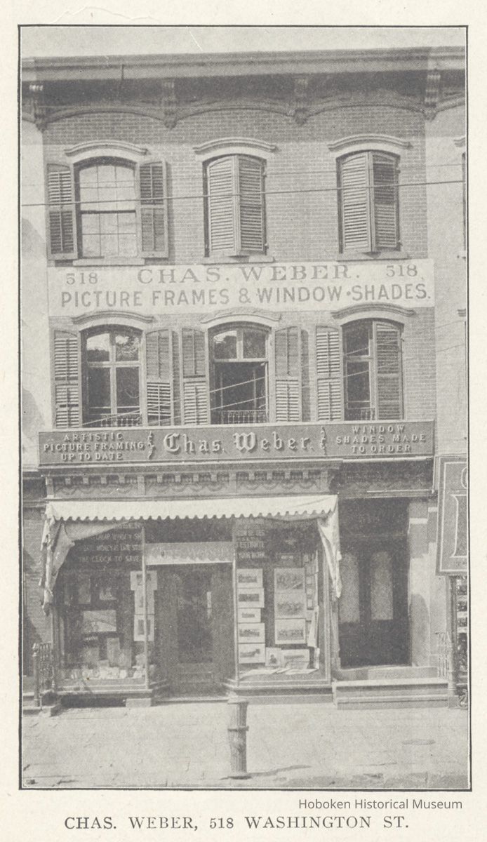 Printed B+W photograph of Charles Weber, window shades & picture frames, 518 Washington Street, Hoboken, no date, ca. 1906-1908. picture number 1
