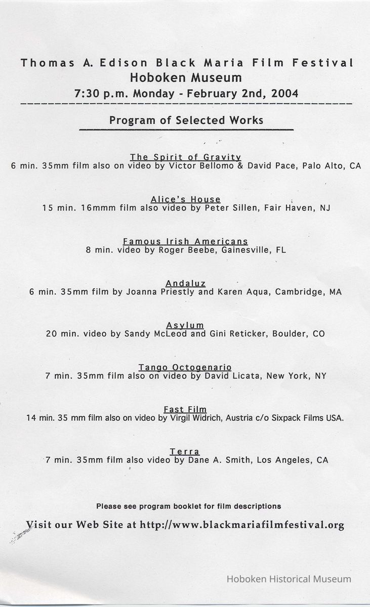 Handbill listing for the 23rd Annual Black Maria Film & Video Festival films shown at the Hoboken Historical Museum, Feb. 2, 2004. picture number 1