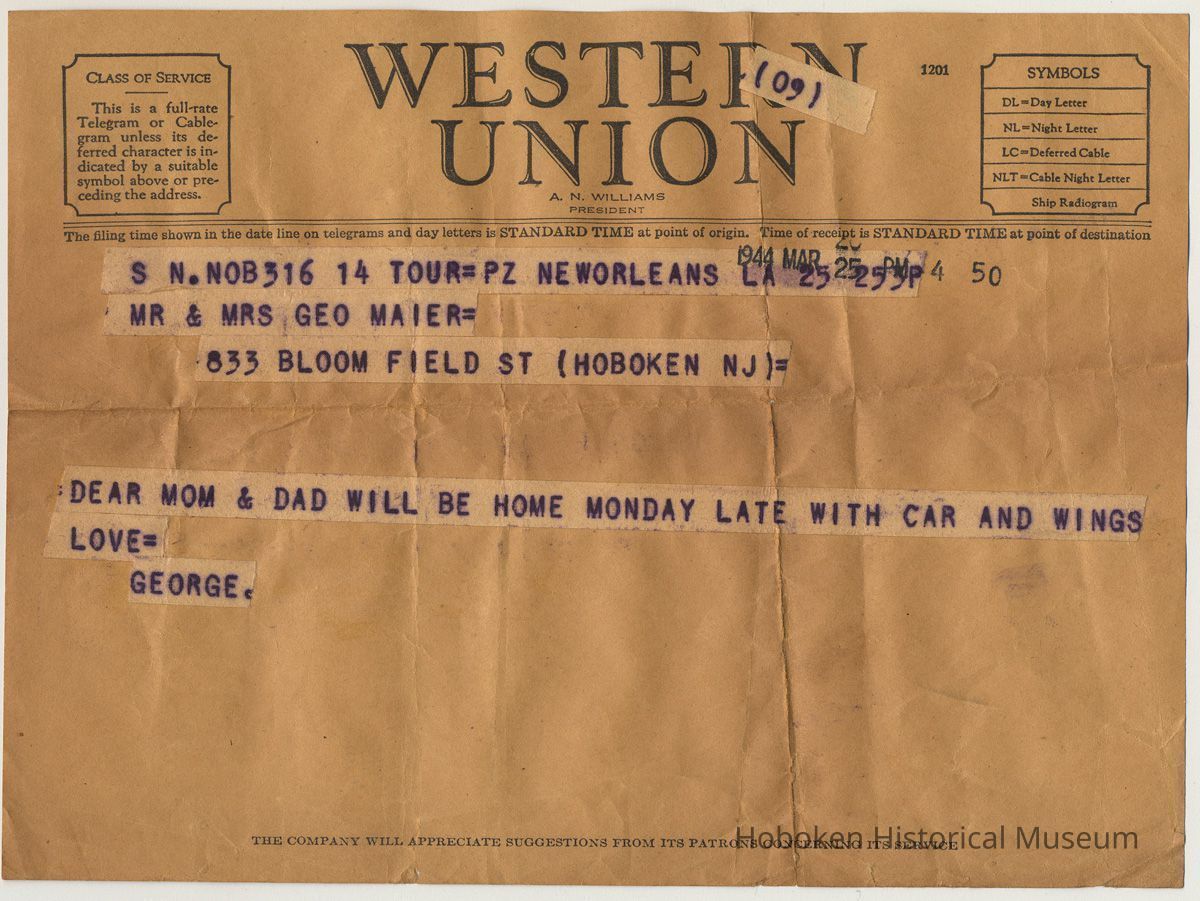 Telegram from George R. Maier to Mr. & Mrs. George [A.] Maier, 833 Bloomfield St., Hoboken, March 25, 1944. picture number 1