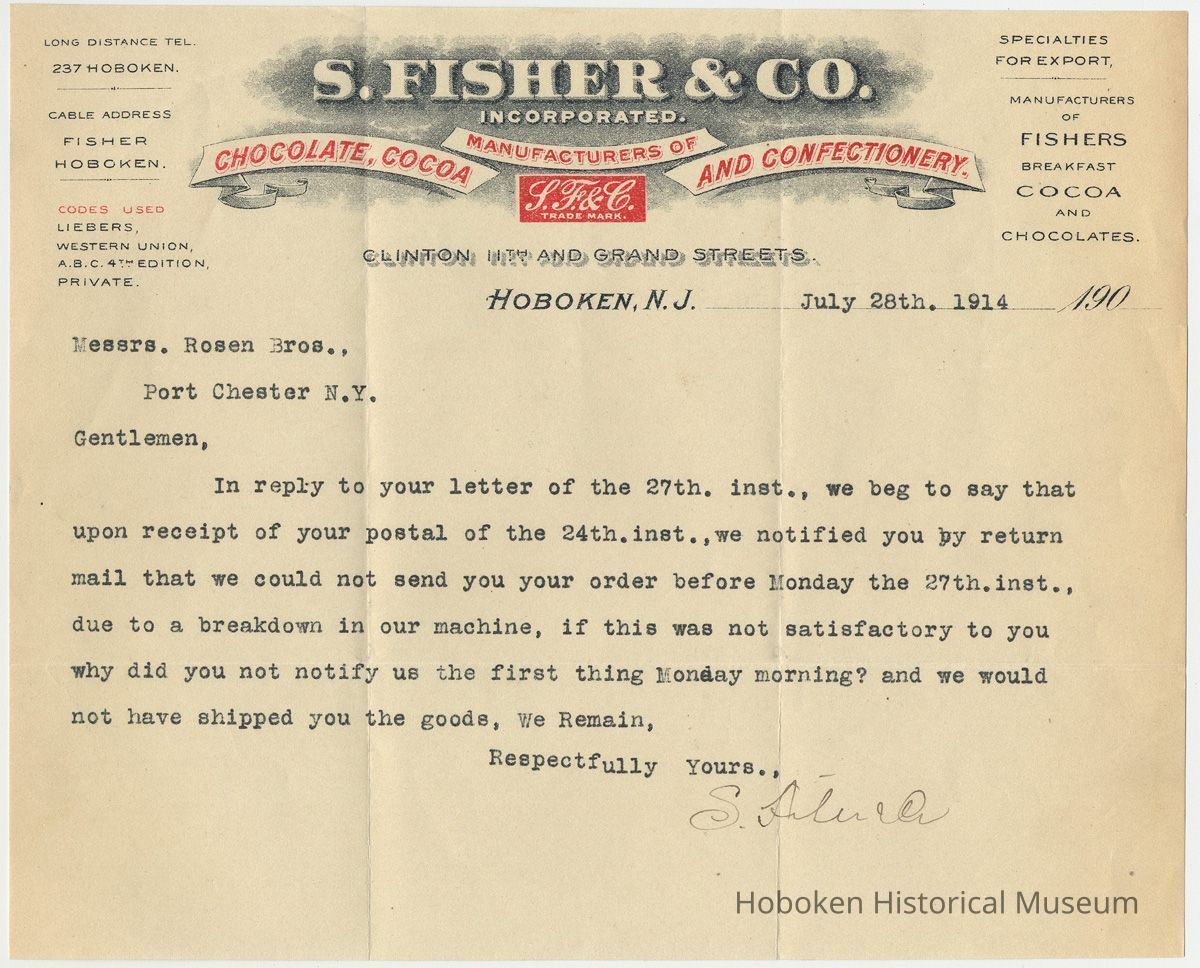 TLS from S. Fisher & Co., Clinton, 11th & Grand Sts., Hoboken, July 28, 1914 re response to problem order. picture number 1