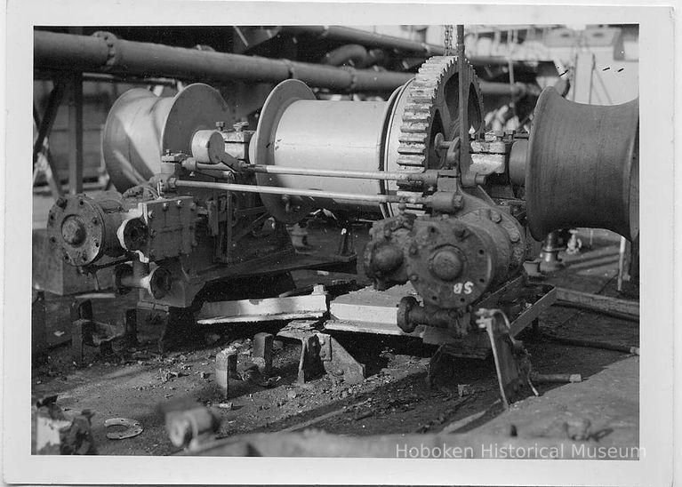 B+W photo of deck winch on unidentified vessel at Bethlehem Steel Shipyard, Hoboken Division, no date, ca. 1940. picture number 1