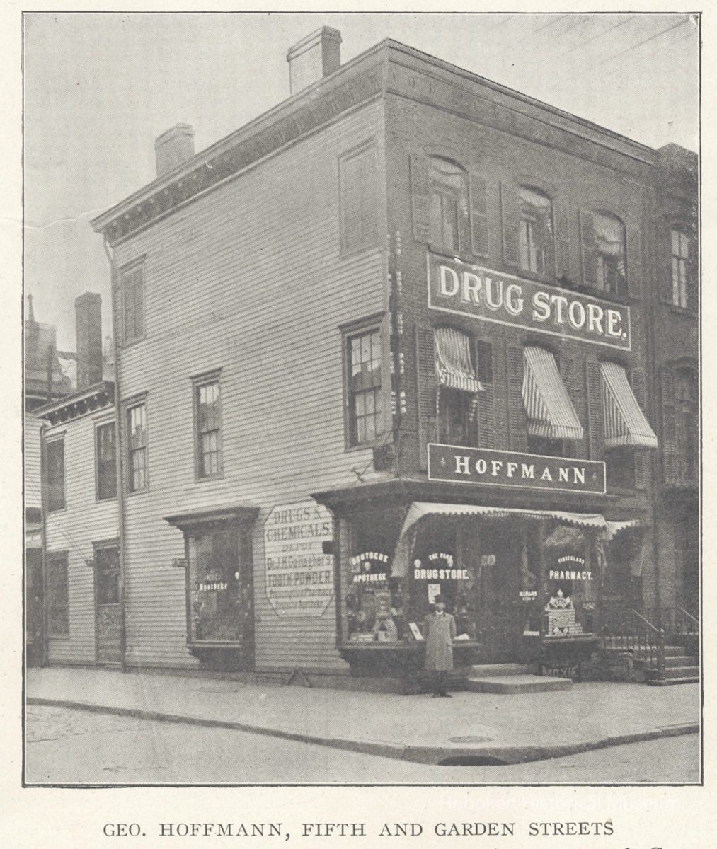 Printed B+W photograph of George Hoffman, Drugstore, Fifth and Garden Streets, Hoboken, ca. 1903-1908. picture number 1
