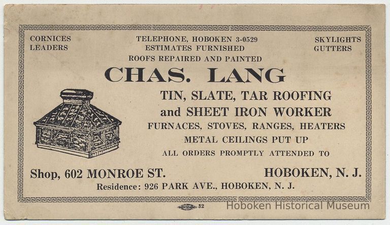 Blotter, ink: Charles Lang; Tin, Slate, Tar Roofing & Sheet Iron Worker, Hoboken, n.d., ca. 1930-1950. picture number 1