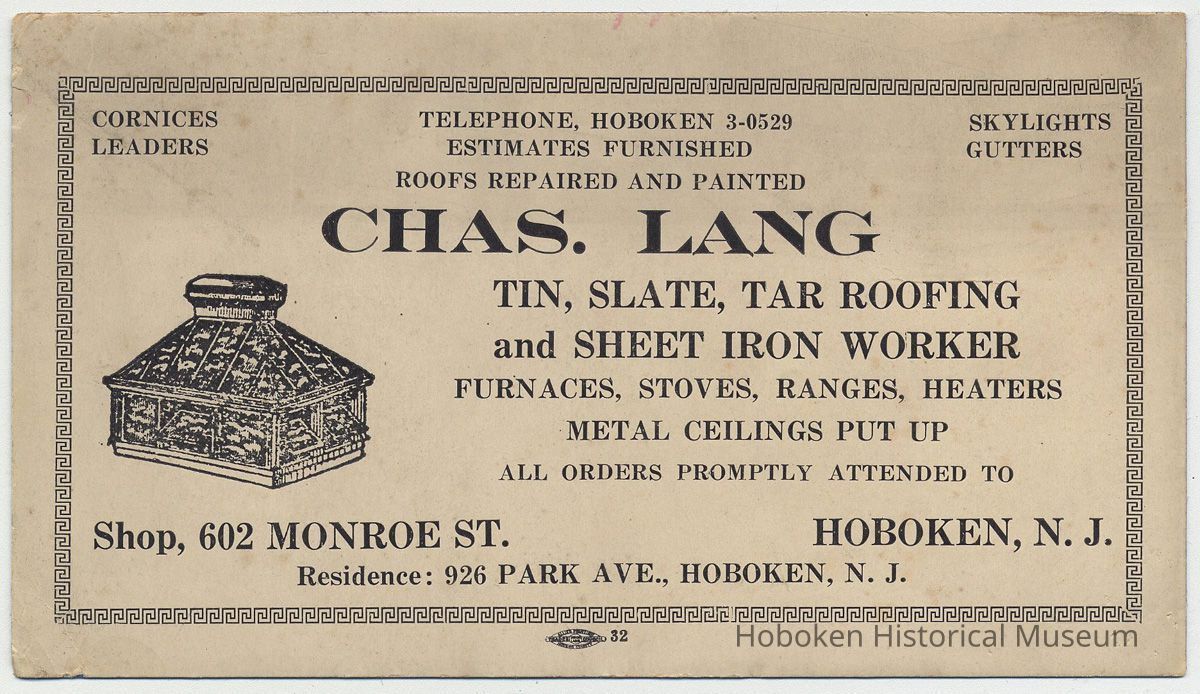 Blotter, ink: Charles Lang; Tin, Slate, Tar Roofing & Sheet Iron Worker, Hoboken, n.d., ca. 1930-1950. picture number 1