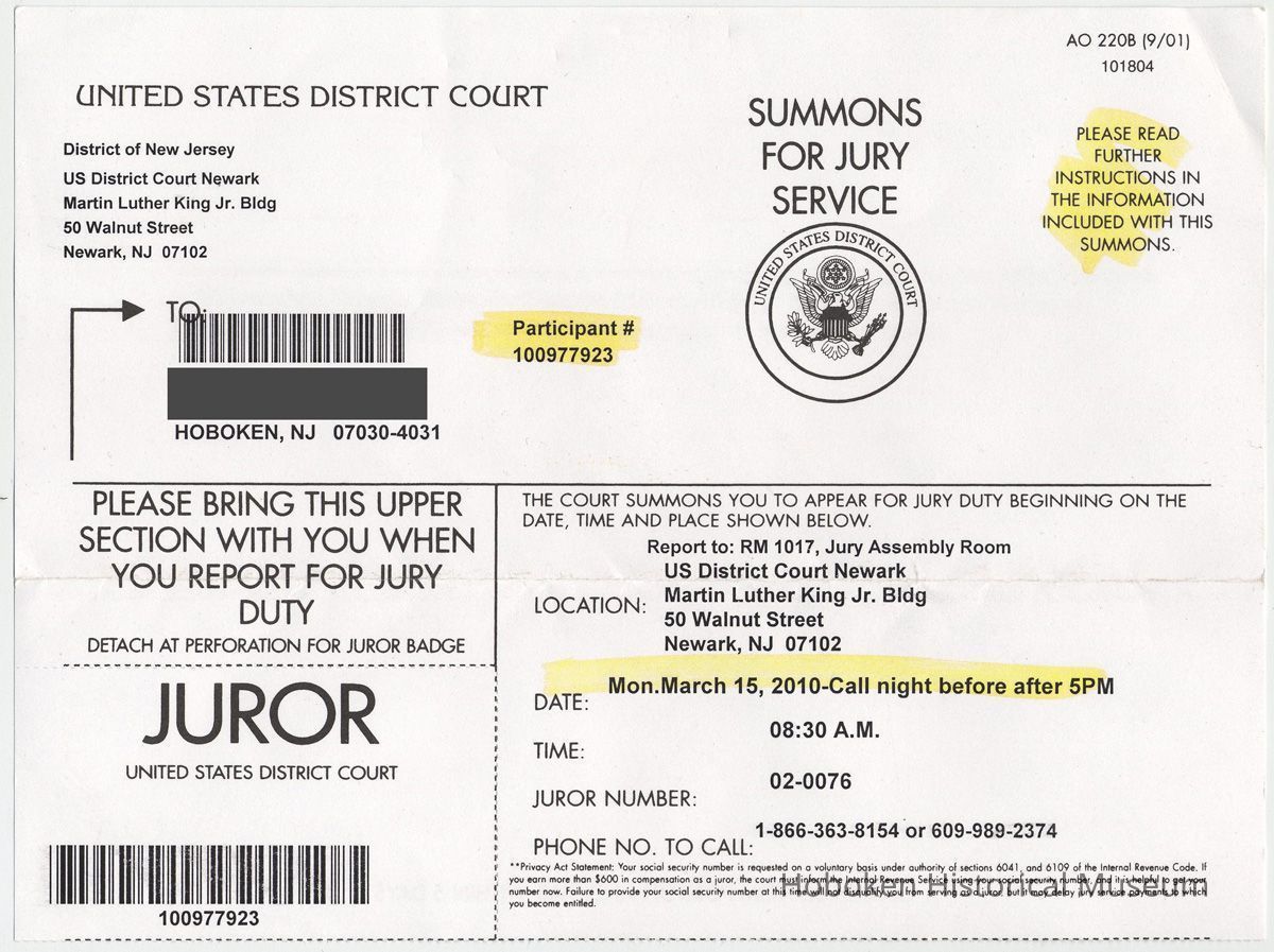 1. Summons (name and address redacted)