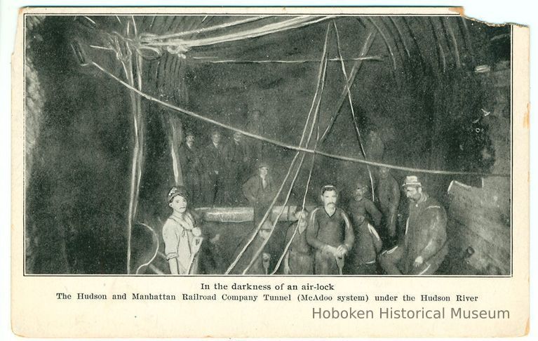 Digital image of Hudson & Manhattan R.R. postcard titled: In the darkness of an air-lock. 1908. picture number 1